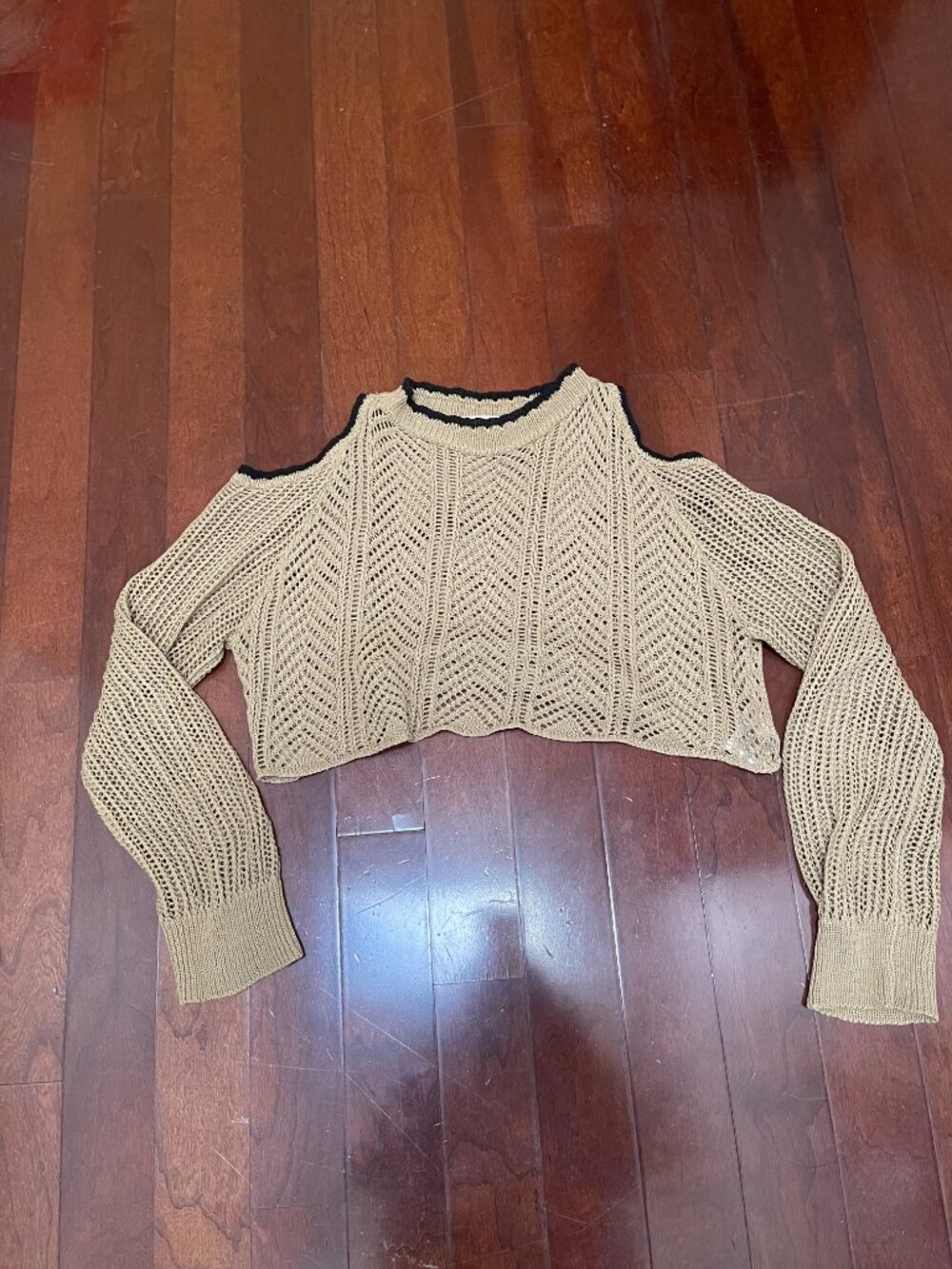 Open Knit Cold Shoulder Crop Sweater Coastal Boho Festival Beige - Picture 3 of 9